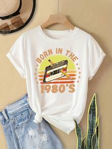 Women's Tops, Mother's Day Outfit, Vintage Cassette Tape, 1980s T-Shirt, Casual Round-Neck Short-Sleeve Top, Spring/Summer Women's Clothing, Breathable Cotton Tee, Free Shipping, All-Match - 橘紅色 - 查看 7