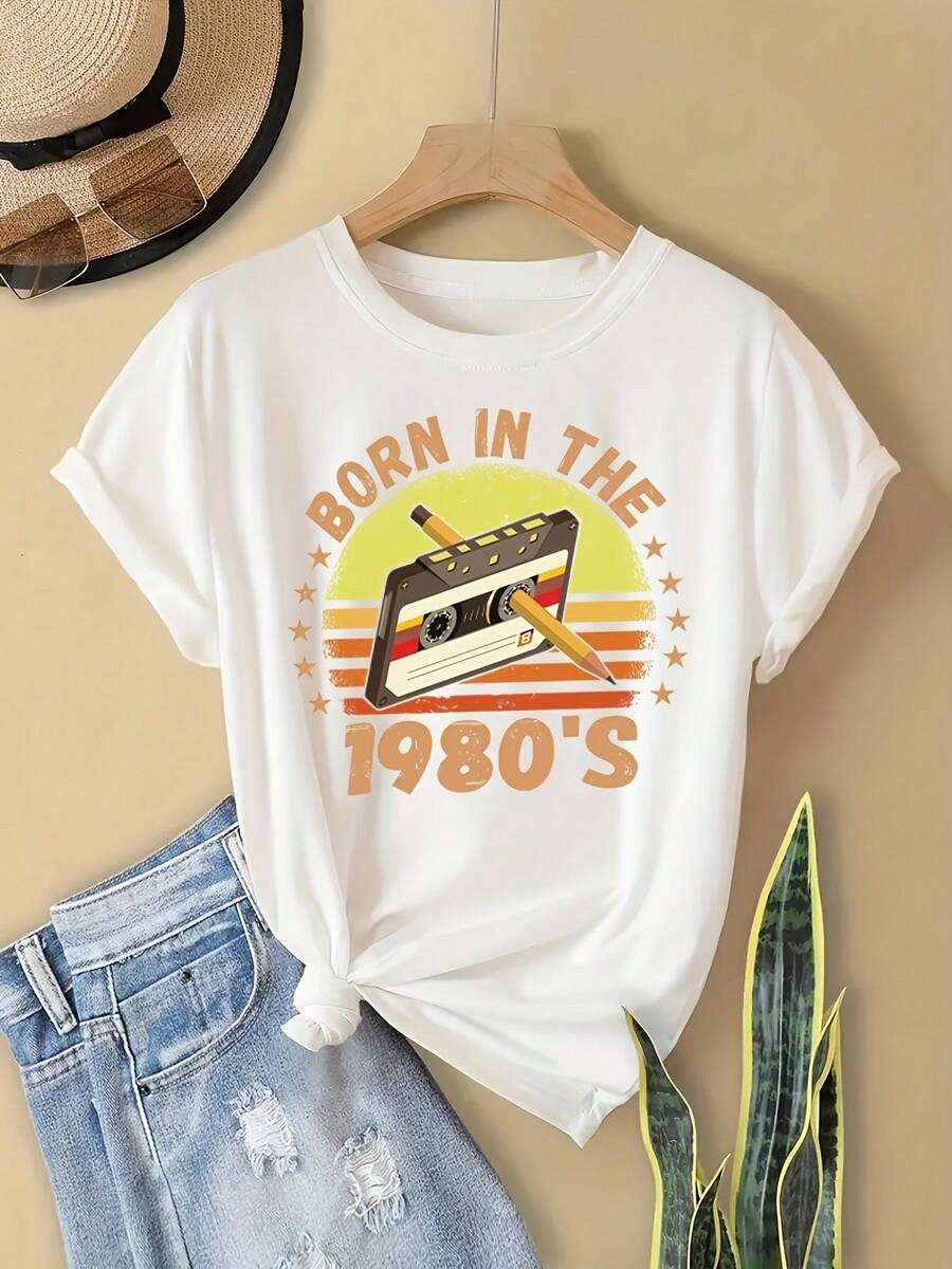 Women's Tops, Mother's Day Outfit, Vintage Cassette Tape, 1980s T-Shirt, Casual Round-Neck Short-Sleeve Top, Spring/Summer Women's Clothing, Breathable Cotton Tee, Free Shipping, All-Match - 白色 - 查看 1