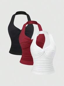 Camiseta de gasa con cuello trenzado y plisados, versátil y minimalista, estilo Y2K sexy - Multicolor 4 - Ver 6