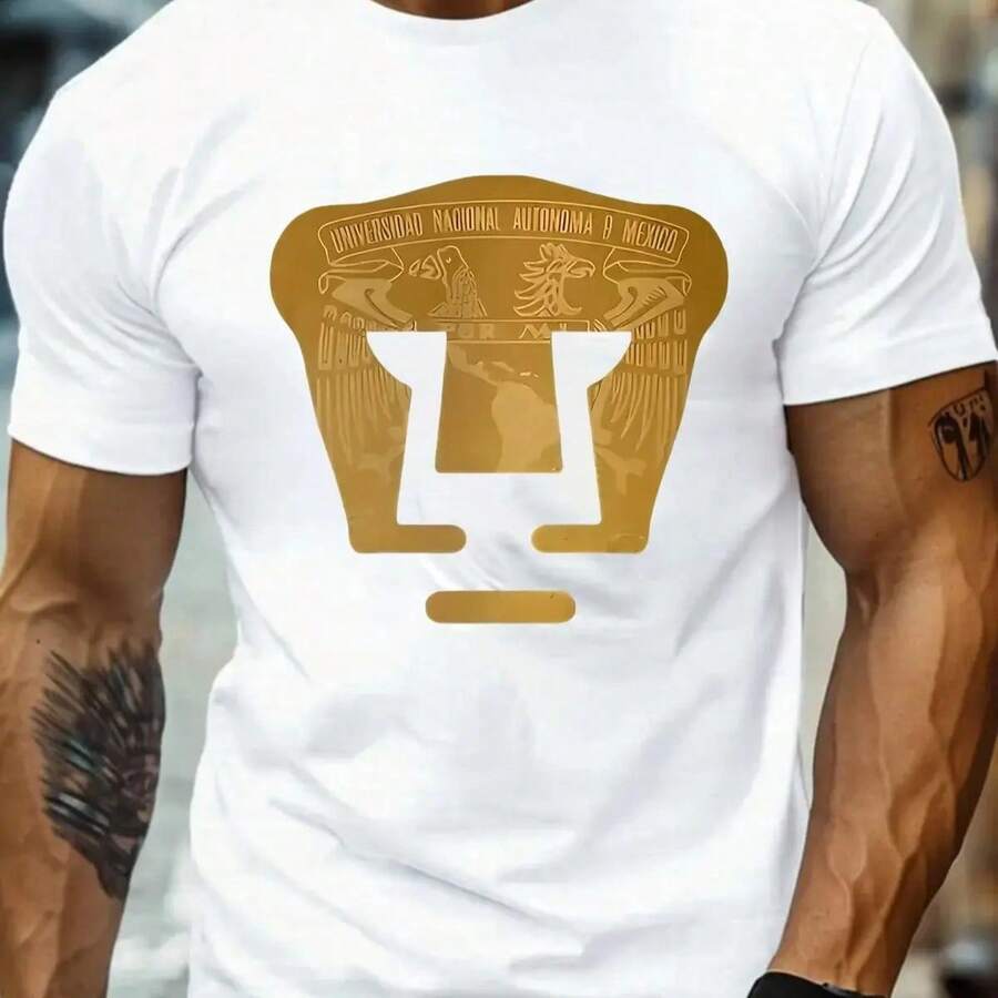 Casual T-Shirt, 100% Cotton, Black, 220 Grams, Sizes (S-3XL), Unisex, Long Sleeves, Suitable For All Seasons, Pumas UNAM University Print, Round Neck, Loose Fit, Casual, Sporty - 白色 - 查看 1