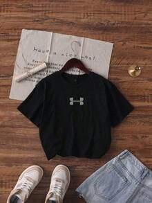 Playera Deportiva De Mujer Manga Corta Cuello Redondo Con Estampado Geometrico Minimalista Casual Para Gimnasio Moda - Negro - Ver 2