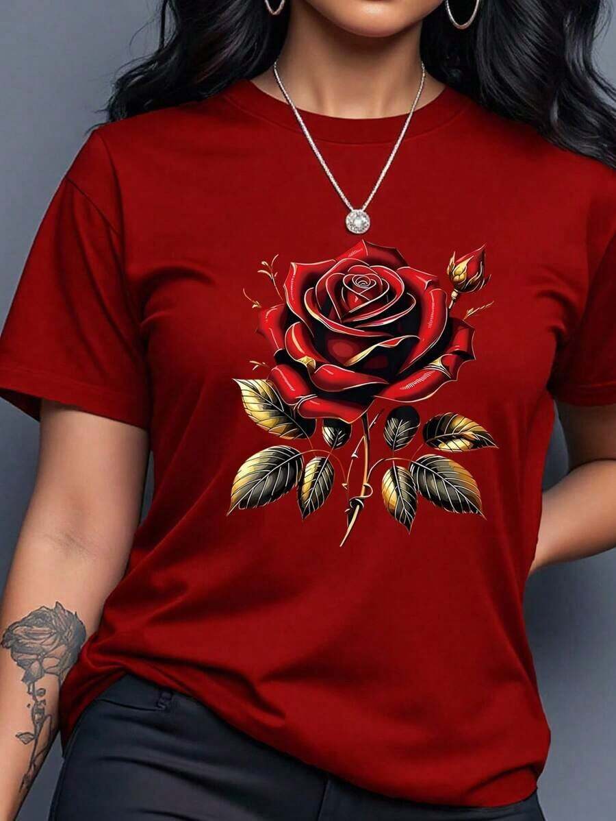 Camiseta de manga corta con cuello redondo y estampado de flores de rosa, informal para verano-Vintage Street Style Unisexoose Cotton Short Sleeve Crew Neck T-Shirt - Rojo - Ver 1