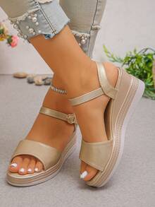 Damen Sommer Neue Plateau Sandalen mit Schlangenmuster, goldene vielseitige Keilsandalen mit Riemen - Gold - Übersicht 5