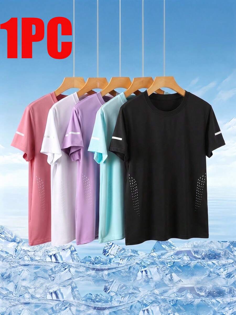 Esta camiseta deportiva casual de mujer de secado rápido de seda de hielo presenta un diseño impreso único, lo que la hace talla grande elegante. Adecuada para uso casual diario, correr, deportes de pelota y actividades de fitness. - Negro - Ver 1