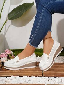 Sepatu Mom Kulit PU Bernapas dengan Rantai Logam Rhinestone Terbaru untuk Musim Semi, Ringan, Nyaman, Kasual, Serbaguna, Hak Wedges, Sol Tebal untuk Wanita - Putih - View 5