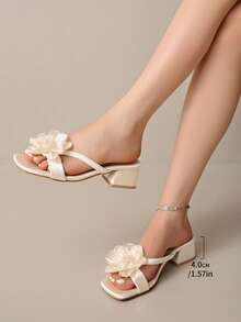 Sandalias de verano 2025 con flor de perla y tacón grueso francés, de un solo correa, de punta abierta, versátiles, de tacón medio para mujeres - Beis - Ver 6
