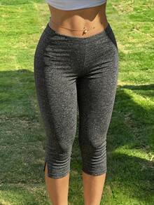 Pantalones capri ajustados negros estilo Y2K para mujer, pantalones deportivos con diseño de abertura lateral, adecuados para fitness - Marrón - Ver 3