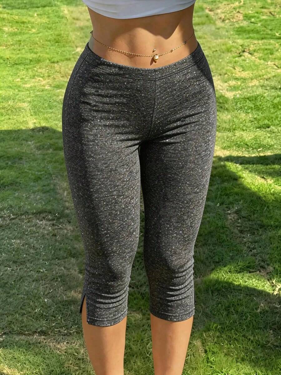 Pantalones capri ajustados negros estilo Y2K para mujer, pantalones deportivos con diseño de abertura lateral, adecuados para fitness - Gris Oscuro - Ver 1