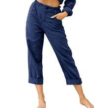 Pantalones de algodón y lino para mujer, pantalón corto de tubo recto, informal, cómodo, sencillo, rábano, novedad de verano 2024 - Azul oscuro - Ver 5