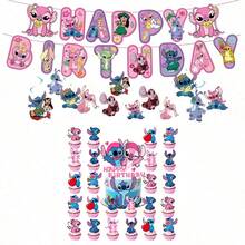 Disney 史迪奇主题派对装饰套装，粉色生日彩旗，蛋糕装饰，莉萝与史迪奇生日甜点桌用品 - 彩色 - 查看 10