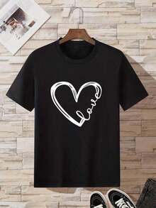 Camiseta gráfica de mujer de manga corta con cuello redondo, de moda con estampado de corazón, para uso diario casualPure-Cotton - Negro 1 - Ver 3