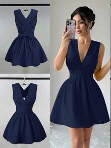 Vestido elegante romántico y sexy de mujer para invitada de boda, vestido mini de línea A con cuello en V cruzado, sin mangas, diseño versátil para playa, fiesta, primavera/verano con bolsillo, vestido de noche con espalda descubierta, color amar - Azul marino - Ver 4