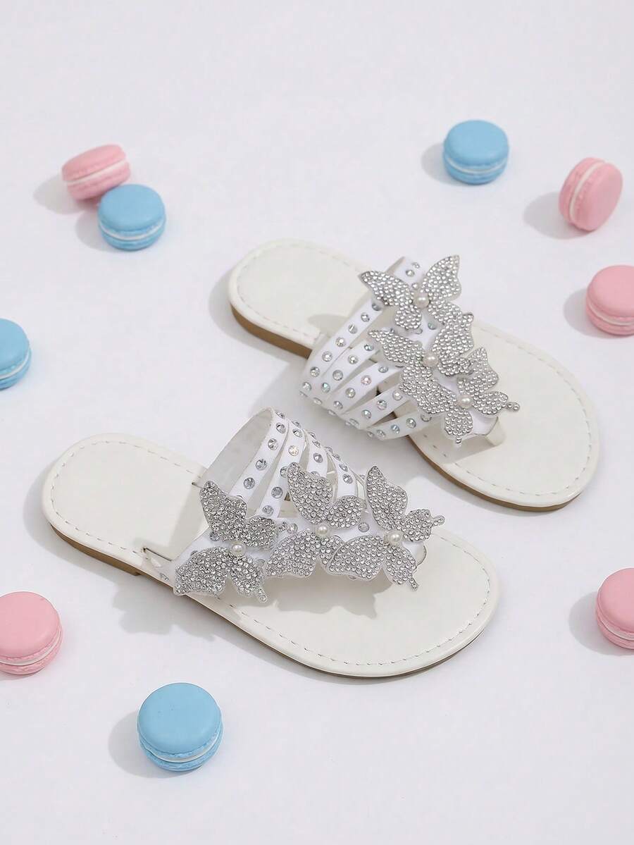 2026 New Kids Slippers, Diagonal Strap With Gradient Rhinestones, Fashionable Design Girls' Summer Flip Flops, Pearl & Rhinestone Butterfly, Versatile White, Suitable For Home, Vacation, Beach Walks, Matching Outfits - White - View 1