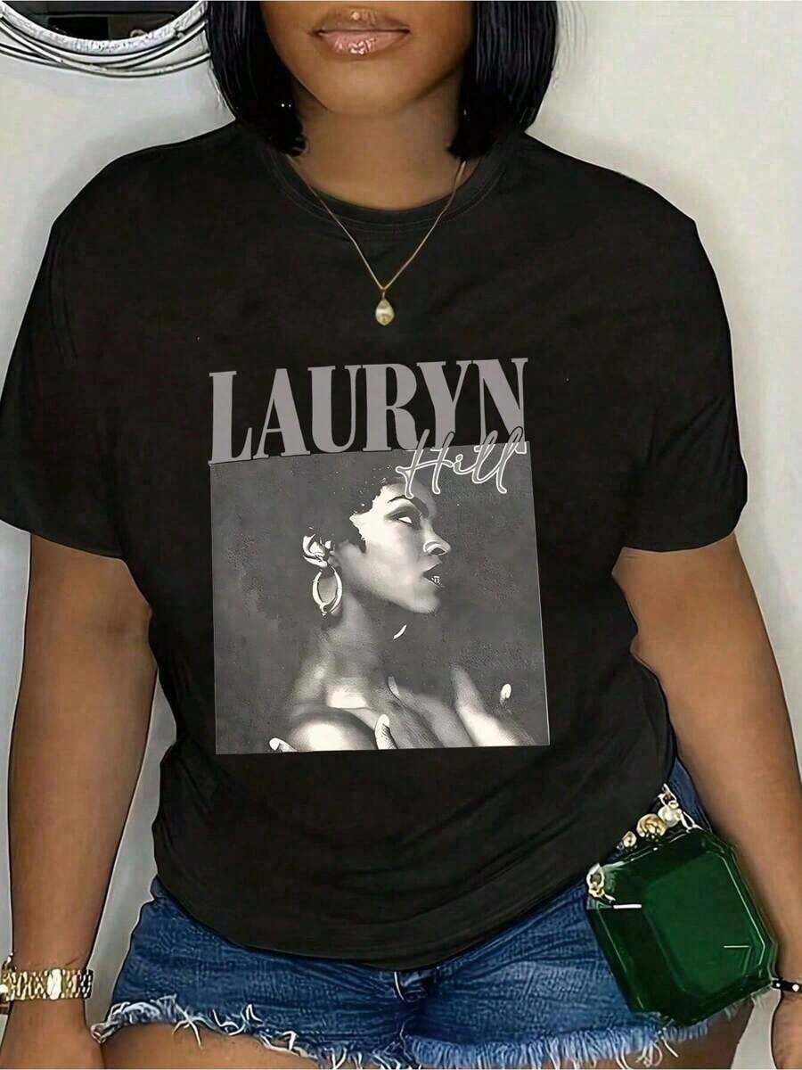 1 Piece Plus Size T-Shirts For Women, Lauryn Hill Graphic T-Shirt, (1 Piece) Casual Printed T-Shirt 100% Cotton, Short Sleeve Crew Neck, Cotton T-Shirt, For, Gift, Summer, Unisex 180g 100% Cotton - 黑色 - 查看 1