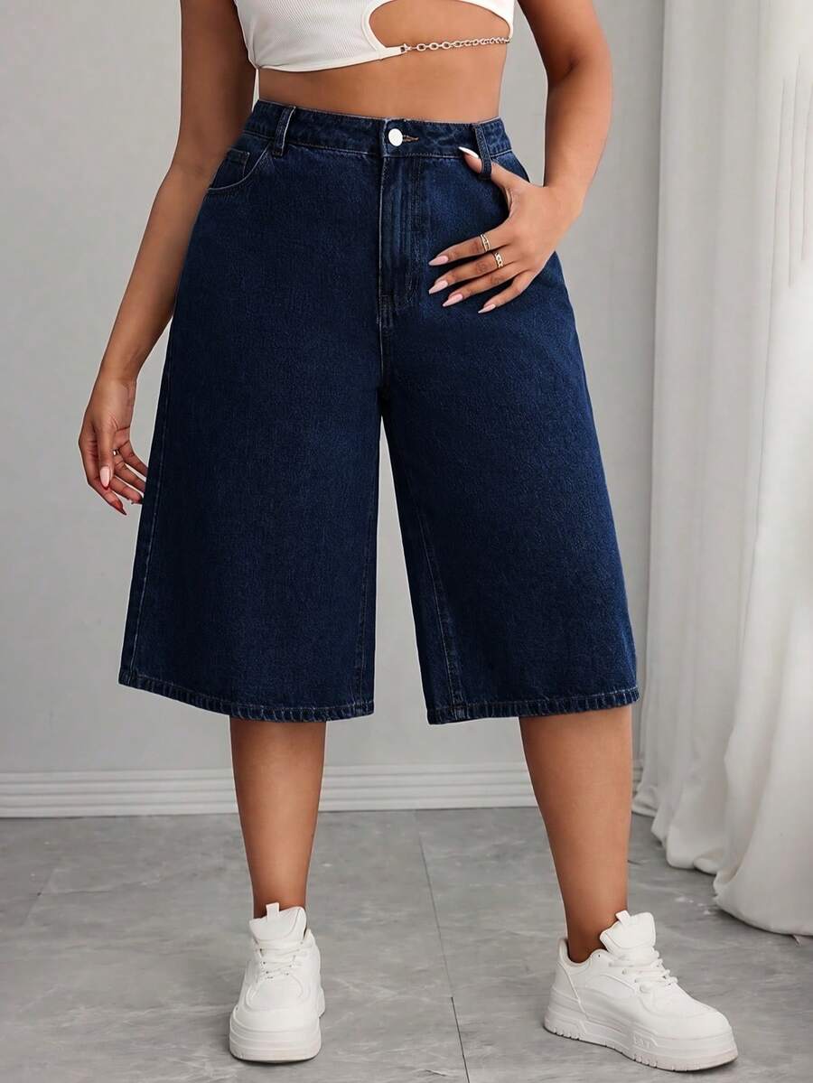 Quần short Bermuda denim màu xanh hải quân dành cho nữ, cạp chun, đường may ôm dáng, kiểu dáng cổ điển, thích hợp cho mùa hè và mùa thu.