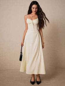Vestido largo elegante de color crema con escote de corazón y detalles de volantes - perfecto para eventos formales, bodas de verano y citas románticas en la cena, vestimenta de mujeres para el Día de San Valentín, atuendos de mujeres amarillos, vestidos de mujeres en tonos pastel, vestidos elegantes para mujeres, vestidos de graduación blancos, vestidos de verano para mujeres, vestido de fiesta del té - Albaricoque - Ver 11