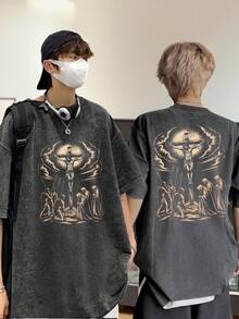 Camiseta negra holgada unisex de estilo vintage con diseño de cruz y sufrimiento de Jesús para hombres y mujeres, top estampado de estilo retro, camiseta de arte espiritual de Jesús en un color nostálgico y cómodo, estilo religioso cristiano lavado. - Negro - Ver 7