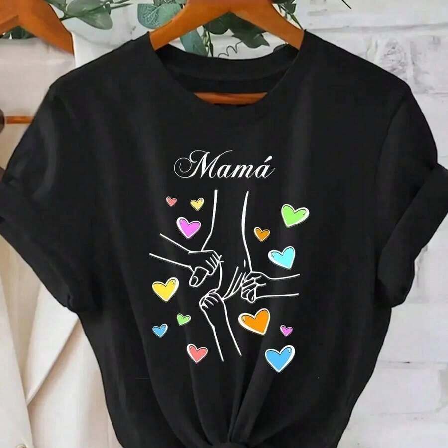 Women's Mother's Day "Mom" Graphic T-Shirt - Casual Pink Short Sleeve With Colorful Heart Design, Perfect For Summer, Everyday Comfort, Daily T-Shirt | Playful Print T-Shirt | Comfortable Fit, Mother's Day Gifts - 黑色 - 查看 1