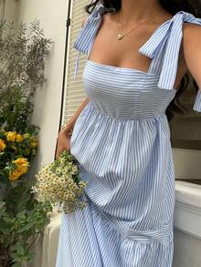 Vestido largo con correa de espagueti de cintura alta, escote cuadrado, sin mangas y espalda descubierta con cordón, a rayas azules, de estilo sexy y de vacaciones, para primavera/verano - Azul - Ver 3