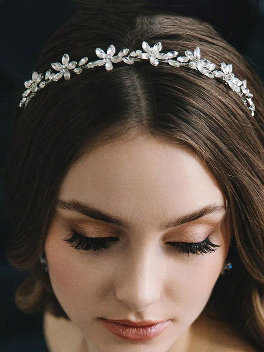 1pc Luxury Bridal Headband With Rhinestone Leaf & Flower Design, Minimalist & Elegant Wedding Hair Accessory,Festival,Party - Silver - View 1