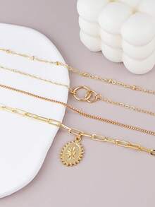 3pcs Gold Tone Layered Pendant Necklace Set, Sun Pendant Necklace, Suitable For Women's Daily, Date, Music Festival, Party Stacking Wear - Yellow Gold - View 5