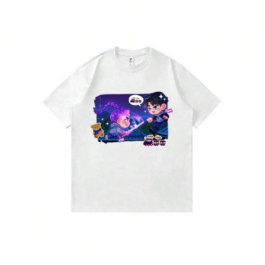 Camiseta unisex de manga corta informal de verano con estampado de dibujos animados de anime Y2K con el tema "Choo-Choo" (Drama coreano, Fan-Art) - Blanco - Ver 1
