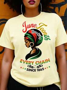 Women's Juneteenth Graphic T-Shirt - "Break Every Chain Since 1865" Design, Vibrant Geometric Print Short Sleeve Top, 100% Cotton Regular Fit For Spring Summer & Year-Round Wear - Ideal Juneteenth Gift For Friends & Family, Ladies T Shirts Loose Fit Washed Short Sleeve T-Shirt, Street Style, Unisex, For Spring/Summer/Autumn,Valentines Day Outfit,Summer Outfits - 黃色 - 查看 8
