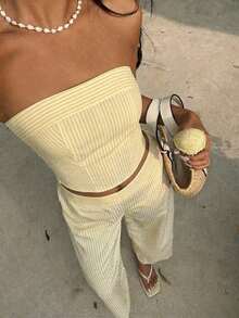 Conjunto de top bandeau a rayas amarillas y pantalones de cintura alta para mujer, ajustado, de moda y versátil para la calle, vacaciones, primavera/verano - Amarillo - Ver 3