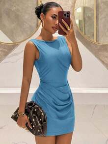 2025 Nuevo vestido mini de línea A con cuello en V sin mangas, cintura fruncida, espalda abierta, decoración de cadena de perlas, de satén elástico, color marrón, adecuado para fiesta de cumpleaños, San Valentín, Halloween, Navidad, vestido de ya - Celeste - Ver 2