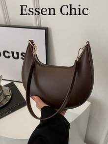1pc Coffee Brown Crescent-Shaped PU Leather Shoulder Bag, Fashion Simple Solid Color Women Underarm Bag, Autumn/Winter , Old Money - Coffee Brown - View 2