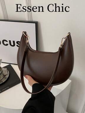 1pc Coffee Brown Crescent-Shaped PU Leather Shoulder Bag, Fashion Simple Solid Color Women Underarm Bag, Autumn/Winter , Old Money