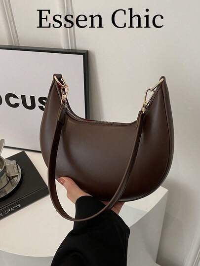1 chiếc túi đeo vai bằng da PU hình lưỡi liềm màu nâu cà phê, thời trang đơn giản, màu trơn, túi đeo dưới cánh tay cho nữ, mùa thu/đông