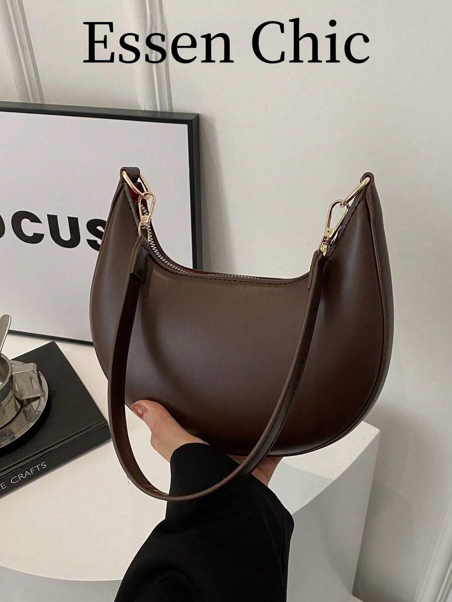 1pc Coffee Brown Crescent-Shaped PU Leather Shoulder Bag, Fashion Simple Solid Color Women Underarm Bag, Autumn/Winter , Old Money