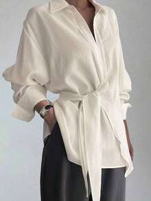 Blusa urbana y casual de manga larga con lazo lateral para mujer - Blanco 2 - Ver 1