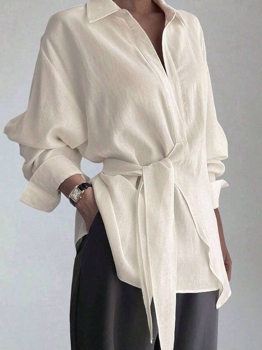 Blusa urbana y casual de manga larga con lazo lateral para mujer - Blanco 2 - Ver 1