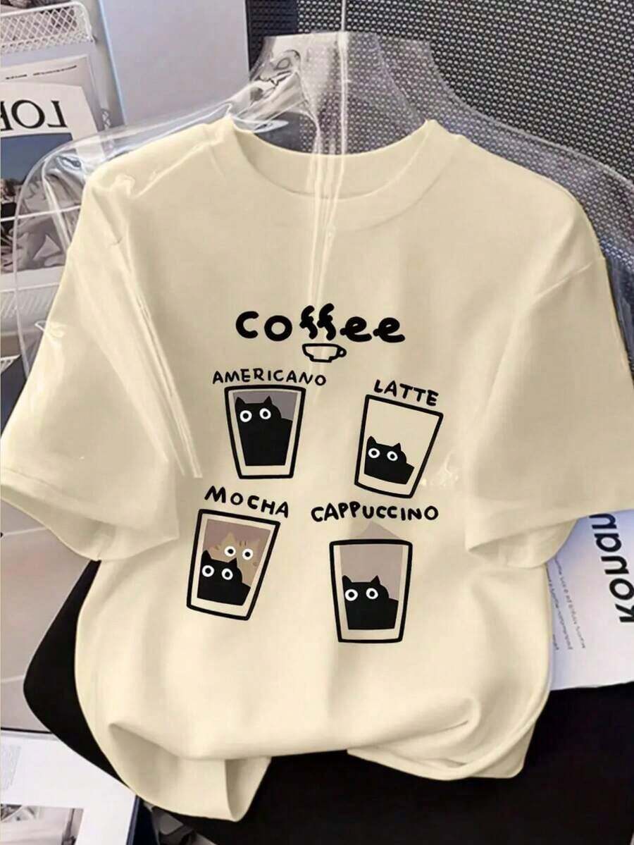 Women's Graphic Print T-Shirt, Lightweight Cotton, Summer, Japanese Style, Casual Loose Crew Neck, Short Sleeve Cartoon Print T-Shirt, Spring/Summer, Black, Oversized Women's T-Shirt, Graphic Print, 100% Pure Cotton - 杏色 - 查看 1