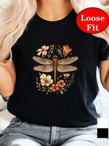 Camiseta de manga corta con diseño floral de libélula y cuello redondo, top casual para primavera y verano, ropa de mujer de talla grande con estampado de libélula - Negro - Ver 3