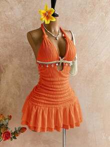 Vestido mini ajustado con cuello halter y detalle de retorcido en blanco, con accesorios metálicos, decoración de conchas, para playa y resort de vacaciones, atuendo de verano - Naranja - Ver 6