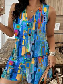Women's V-Neck Button Vest & Shorts 2-Piece Set Summer Casual Outfit Colorful Geometric Abstract Shapes Pattern - phong cách - Xem 5