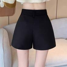 Shorts de Traje de Cintura Alta con Corte en A para Mujer, Negros, Casuales, de Pierna Ancha, Estilo Americano, para Primaver... - Negro - Ver 3