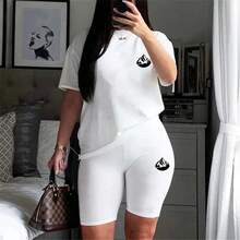 Conjunto Deportivo de Verano para Mujer, Camiseta y Pantalones Cortos Casuales de 2 Piezas, Ropa Deportiva para Correr al Aire Libre, Conjuntos Cómodos Más Vendidos - Blanco - Ver 5