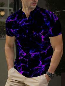 Men's Casual Stand-Up Collar POLO Shirt, 3D Print Daily Leisure, Loose Fit, Comfortable And Breathable, A Must-Have For Summer Purple And Blue Electric Lightning Pattern On Black Background - phong cách - Xem 5
