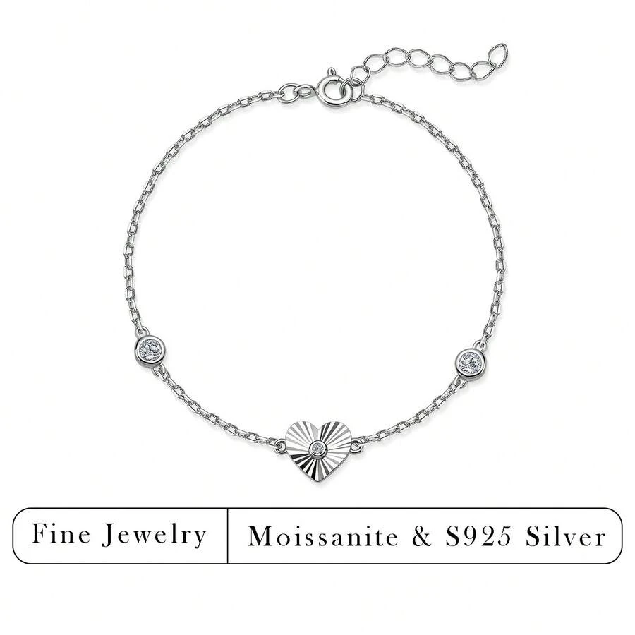 Vòng tay nữ bằng bạc S925 hình trái tim đính đá Moissanite lấp lánh, dây xích điều chỉnh được. - trắng - Xem 1