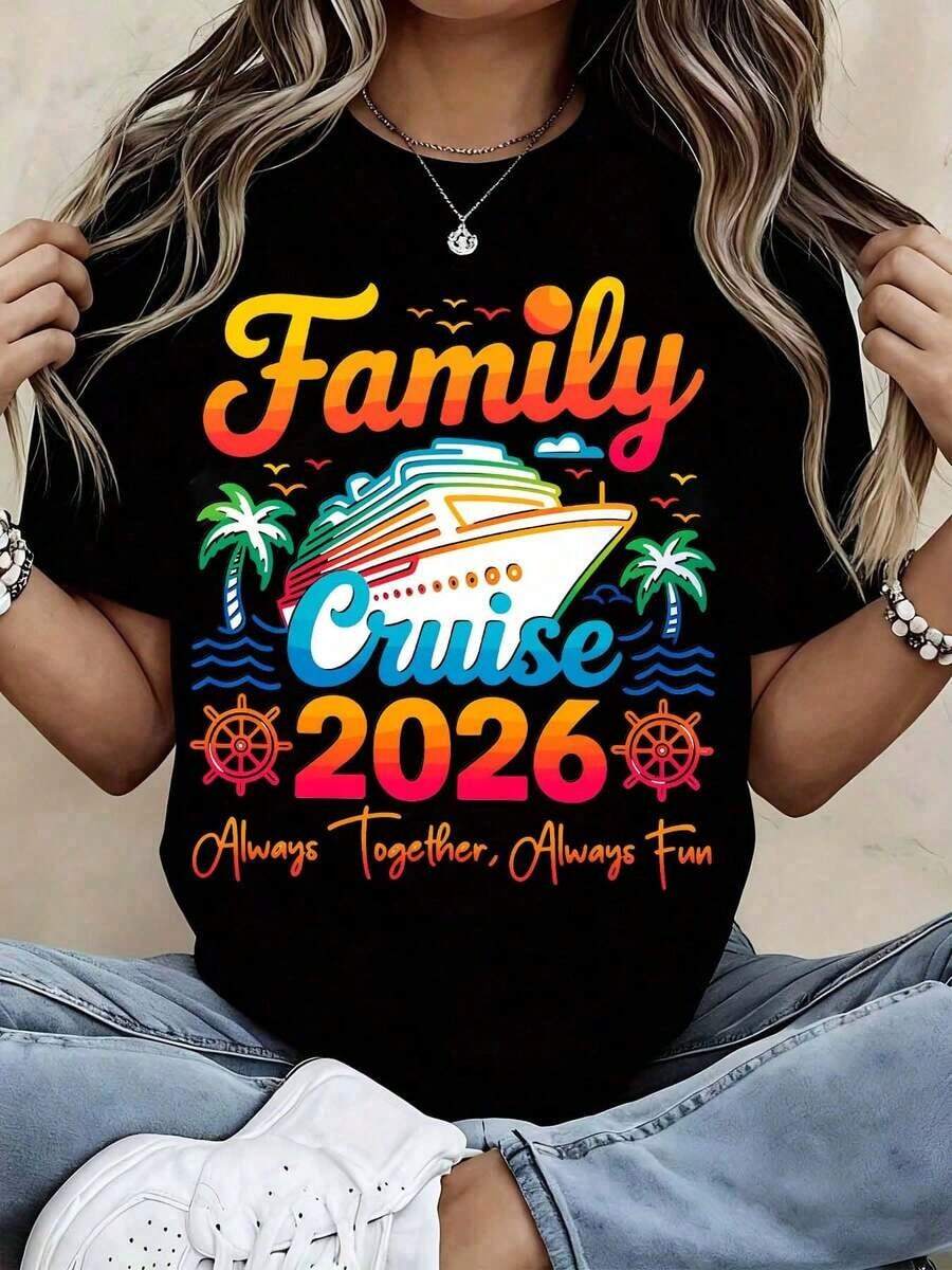 Women's Pure Cotton T-Shirt, Palm Tree And Ocean Design, Casual Round Neck, Soft, Comfortable, Stretch Fabric, Ideal For Vacation, Travel, Daily Wear, All Seasons, Casual Party Wear And Everyday Use - 黑色 - 查看 1