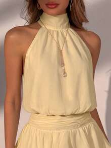 Elegante y de moda vestido corto con tirantes finos, espalda descubierta, volantes en el bajo y capas - Ideal para vacaciones en la playa, vacaciones de verano, ceremonias de graduación, festivales, salidas casuales y fiestas - Amarillo - Ver 4