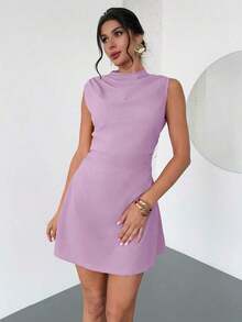 Vestido mini de línea A plisado, elegante, minimalista y romántico para mujer, color rojo, apto para uso diario, ir a trabajar, bodas, fiestas, festivales de música, vacaciones - Lila Púrpura - Ver 4