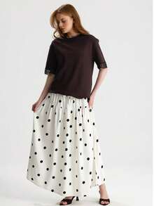 RoseArya %100 Cotton Lare Trim Cuff Short Sleeve T-Shirt - Brown - View 2