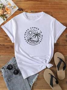 Camiseta Mujer Coco Redonda Impresa Primavera Verano Casual Suelta Cuello Redondo Manga Corta - Blanco - Ver 3