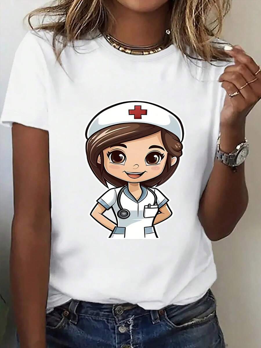 Camiseta de Manga Corta Divertida con Estampado de Doctor de Dibujos Animados y Diseño de Ángel Blanco, una Camiseta de Manga Corta Moderna y Casual para Mujeres. Esta Blusa Estampada Estilosa y Única con Cuello Redondo Cómodo es Perfecta como Regalo. Es una Camiseta Deportiva Transpirable y Cómoda