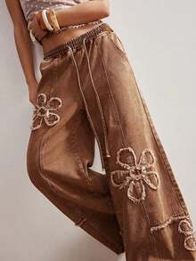 Jeans de pierna ancha de unicolor casual para mujer - Marrón - Ver 4